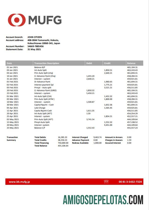 Japan Mufg extrato bancário amostra